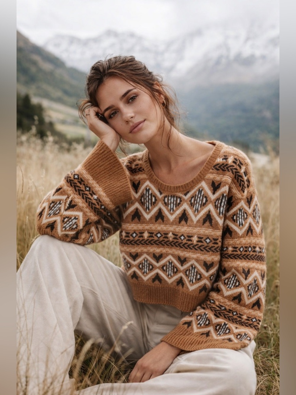 Sam Edelman Benton Fair Isle Scoop Back Sweater Boho Bell Sleeve Knit Size Small